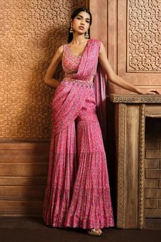 Shop for Aneesh Agarwaal Pink Chiffon Pre-draped Flower Print Sharara Saree With Blouse for Women Online at Aza Fashions Indian Wedding Outfits Guest, Sharara Saree, Indian Outfits Modern, Mehendi Outfit, Haldi Outfits, Sangeet Outfit, Haldi Outfit, Trendy Outfits Indian, Mehendi Outfits