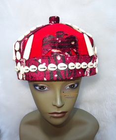 Chieftancy Embellished Igbo Edo Hat Groom Wedding Yoruba Traditional Wedding Clothing The hat is suitable for men Embellished with gold accessories & gold trimmings NOTE: Glue were used in the hat production, you might see traces of glue on accessory, beads or gaps. Red Wedding Cap, Red Structured Crown Costume Hat For Wedding, Red Structured Crown Hat For Weddings, Adjustable Red Ceremonial Headpiece, Traditional Fitted Hats For Wedding, Traditional Fitted Wedding Hats, Traditional High Crown Costume Hat For Wedding, Traditional Round Crown Hat For Wedding, Traditional Wedding Hat With Structured Crown