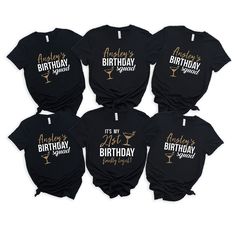 six t - shirts with the words happy birthday written in gold and white on them