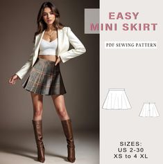 a woman wearing a skirt and jacket with the text easy mini skirt sewing pattern on it