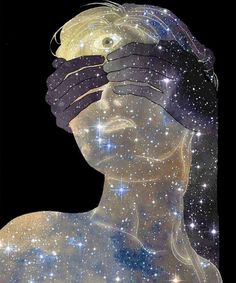 a woman with her hands on her face and stars in the sky above her head