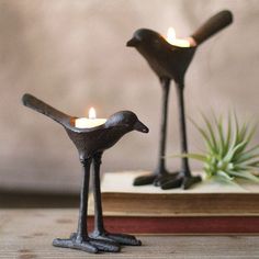 two metal birds with candles in their beaks on a table next to an air plant