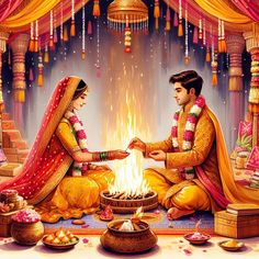 a man and woman sitting next to each other in front of a fire with candles