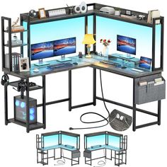 a computer desk with multiple monitors and keyboards on it's sides, along with two other workstations