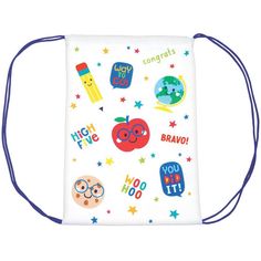 Stuff this Graduation Fun Drawstring Backpack full of treats toys activities and more to congratulate your little one on their big achievement. It features a white polyester base that's covered in studious characters congratulatory messages and colorful stars. pbGraduation Fun Plastic Bottle product details:-b-p ul li10in wide x 15in tall-li liAges 5 and up-li liPolyester-li -ul White Standard Backpack For School Events, White Back To School Bag, Playful White Backpack For School, Playful White Backpack For Gift, Playful White Student Backpack, White Backpack For Daycare, Playful Backpack For End Of School Year Events, White Standard Backpack For Daycare, Novelty White School Bag