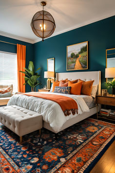 Boho Bedroom. The bold blend of deep teal, bright orange, and crisp white creates a lively haven that's perfect for relaxation. Design Ložnic, Interior Room, Fantasy Homes, Master Bedrooms Decor, Home Design Decor, Complementary Colors, Boho Bedroom, Bedroom Colors