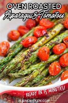 roasted asparagus and tomatoes with text overlay