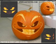 a pumpkin with an evil face carved into it's mouth and eyes, all in different angles