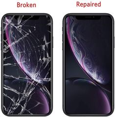 two iphones with cracked screen and broken glass on the front, one is black