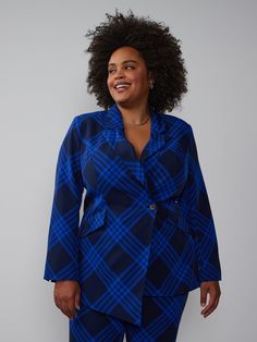 Plus Plaid Asymmetrical Hem Blazer | New York & Company Plus Size Blazer, Peak Lapel, Plaid Design, Asymmetrical Hem, Boss Lady, Asymmetric Hem, Perfect Fit, Twist, Long Sleeves