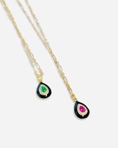 Black Enamel necklace comes in emerald CZ and ruby CZ on an 18” goldfill chain with goldfill lobster clasp. Enamel Necklaces, Black Enamel, Black Friday Sale, Lobster Clasp, Washer Necklace, Ruby, Emerald, Pendant Necklace, Chain