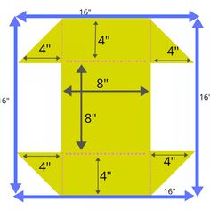 an image of a yellow square with blue arrows on it and the measurements for each square