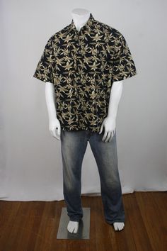 "1990s aloha shirt. Cotton fabric. Perfectly matched front patch pocket with button. Fastens down the front with plastic buttons. Label reads, \"Pierre Cardin, XL, 100% cotton, made in Korea.\" Freshly laundered. Excellent condition. Measurements: Shoulders = 22\" Chest = 52\" Waist = 50\" Hips = 50\" Sleeve = 10.5\" Length from top of shoulder to hem = 30\" All measurements are taken with the garment flat, doubled for the bust (chest), waist, hips, and circumference. Please make sure you leave Cotton Hawaiian Shirt With Graphic Print, Printed Cotton Hawaiian Shirt With Camp Collar, Relaxed Fit Hawaiian Shirt With Button Closure, Casual Cotton Hawaiian Shirt With Tropical Print, Casual Printed Hawaiian Shirt With Relaxed Fit, Casual Black Cotton Hawaiian Shirt, Relaxed Fit Cotton Hawaiian Shirt With Button Closure, Relaxed Fit Hawaiian Camp Shirt, Cotton Hawaiian Shirt With Relaxed Fit And Button Closure