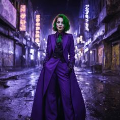 a man dressed as the joker standing in an alleyway