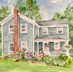 a watercolor painting of a blue house with flowers in the front yard and trees behind it