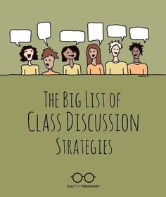 the big list of class discussion strateges with speech bubbles above them and people standing in a row