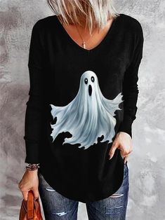 Come to Zolucky to buy T-shirts at a discounted price, SPU: 29417T-8M39F9, Color: Black Dark Blue White, Neckline:V neck, Silhouette:H-Line. Black Long Sleeve Top For Halloween, Long Sleeve Black Top For Halloween, Spooky Long Sleeve Tops With Graphic Print, Spooky Black Long Sleeve Top, V-neck Letter Print T-shirt For Fall, Spooky Long Sleeve Graphic Print Tops, Fall V-neck T-shirt With Letter Print, Casual V-neck Halloween Tops, Oversized Long Sleeve Halloween T-shirt