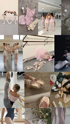 many different pictures of ballet dancers and their feet in the air, with one woman holding her leg up