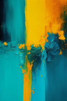 an abstract painting with blue, yellow and green colors