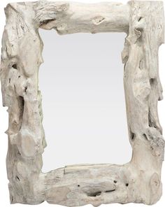 a white frame made out of driftwood with a mirror in the middle on top