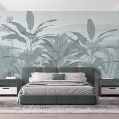 a bedroom with a large mural on the wall and bed in front of it, along with two nightstands