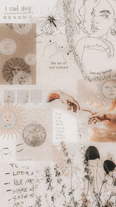 a collage of drawings and words on paper