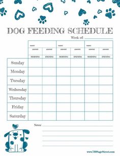 a printable dog feeding schedule is shown in blue and white with paw prints on it