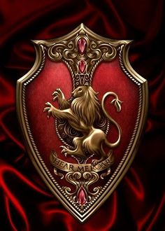 a red and gold shield with a lion on it's side, against a dark background