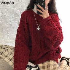 Autumn Winter Women Red Pullovers Loose Vintage Twist Jumpers Long Sleeve Knit Outwear Tops Korean Red Jumper Outfit, Korean Preppy Style, Korean Preppy, Red Sweater Outfit, Preppy Mode, Tops Korean, Jumper Outfit, Pullover Outfit, Red Pullover