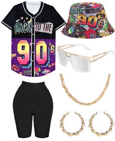 PRICES MAY VARY. 【80s 90s Neon Costumes & Accessories Set】Includs 6 accessories, baseball jersey shirt x1, yoga pants x1, bucket hat x1, artificial gold rope chain x1, hip hop glasses x1, 1 pair of earrings. This complete outfit and accessory set is perfect for any 80s 90s-themed party, allowing you to stand out and express your hiphop style. 【Bright Colored Accessories】Bright and colorful colors make you stand out at parties in the 80s 90s. Baseball jersey shirt, short sleeve yoga pants, and mo 90s Hip Hop Costume Ideas, Outfits From The 90s Hip Hop Baddie, 90s Theme Party Outfit Hip Hop, 90s Birthday Party Theme Outfit, 90s Denim Outfit Hip Hop, 90s Theme Outfits, 90s Party Outfit Black Women, 90s Hip Hop Costume, Affordable 90s Style Party T-shirt