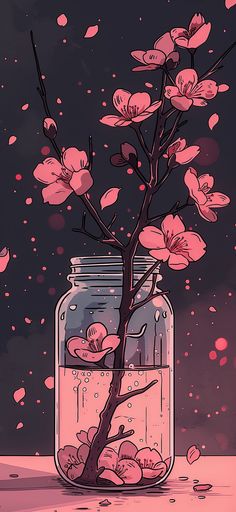 a glass jar filled with water and pink flowers