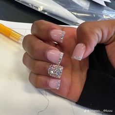 White Short Nails With Rhinestones On Ring Finger, Cute Short Nails With Diamonds, Short Diamond Nails Rhinestones, Short White Acrylic Nails Square With Diamonds, Acrylic Nail Designs French Tip Ideas Square, Baddie Shorties Acrylic Nails, Rhinestones On Short Nails, Short Nails For Birthday