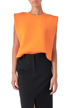 A strong-shoulder silhouette plays against the soft structure of this top that's a modern alternative to your favorite crewneck. Crewneck Sleeveless 45% polyester, 28% nylon, 20% acrylic, 7% wool Hand wash, dry flat Imported Modern Stretch Tank Top For Work, Modern Spring Workwear Tank Top, Modern Spring Tops With Structured Shoulders, Modern Tops With Structured Shoulders For Spring, Spring Crew Neck Vest For Work, Spring Workwear Vest With Crew Neck, Solid Color Yoga T-back Top, Solid Moisture-wicking Sleeveless Crop Top, Solid Color Scoop Neck T-shirt With Minimal Stretch