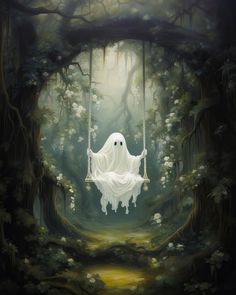 a painting of a ghost on a swing in the woods