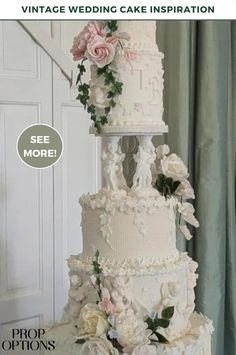 a large white wedding cake with flowers on the top and bottom tier is featured in an ad for prop options