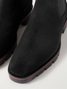 Inspired by rugged mountain styles, Christian Louboutin's 'Alpinosol' Chelsea boots are expertly crafted from smooth black suede and set on sturdy lug soles for comfort and grip. They're finished with signature bright red soles. Louboutin Collection, Chelsea Boots For Men, Louboutin Boots, Tom Ford Bag, Men Dior, Tory Burch Dress, Lug Sole Boots, Suede Chelsea Boots, Chelsea Boots Men