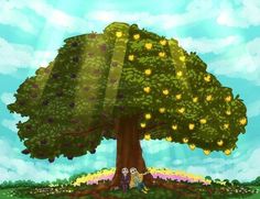 two people sitting under a large tree with apples on it's leaves and the sky in the background