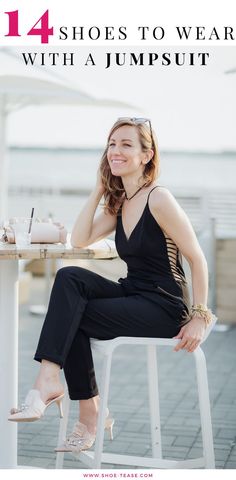 Lady sitting on beanch wearing light pink mule shoes to wear with black jumpsuit paired with blush accessories Shoes For Wide Leg Jumpsuit, Shoes For Jumpsuit, Jumpsuit Shoes Outfit, Shoes To Wear With Jumpsuit Casual, Shoes For Jumpsuit Outfit, Jumpsuit Shoes, Style A Jumpsuit, Styling A Jumpsuit