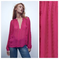 Nwt. Zara Fuchsia Viscose Embroidered Blouse With Round Neckline, Long Sleeves With Shoulder Pads And Elasticated Cuffs, Embroidered Detail With Sequin And Bead Appliqus And A Buttoned Opening At The Front. Size L. Ref. 6895/265. Pit To Pit 25" Flat, Shoulders15", Sleeves 24", Length 25". D Pink V-neck Blouse With Floral Embroidery, Zara Embroidered V-neck Blouse, Chic Pink Blouse With Floral Embroidery, Embroidered Pink Blouse For Fall, Pink Embroidered Blouse For Fall, Beaded Shirt, Long Sleeve Wrap Top, Ribbed Shirt, Sleeveless Knit Top