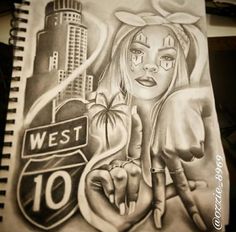 a drawing of a woman holding a sign with the words west 10 in front of her