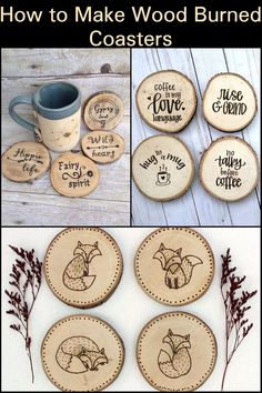 wood burned coasters with words on them and coffee mug in the middle, sitting next to each other