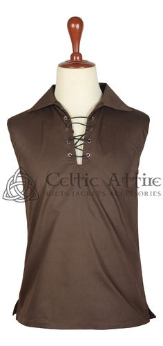 This Modern Sleeveless Ghillie Shirt is the perfect choice for traditional or utility kilts this summer. Offering Traditional Style and Freedom of Modern Vests, this Shirt can be used with almost any attire, Scottish, Medieval or Casual Jeans even. - Made of Cotton Fabric - Regular Fit - Comes with Real Leather Lace - Metal Eyelets - Single Needle Premium Stitch - Available through Size Small to 6XL and in 6 Different Colors Classic Brown Vest Top, Brown Cotton V-neck Shirt, Sleeveless Brown Cotton Top, Brown Sleeveless Cotton Top, Sleeveless Brown Cotton Blouse, Brown Sleeveless Cotton Blouse, Fitted Sleeveless Brown Blouse, Fitted Brown Sleeveless Blouse, Utility Kilt