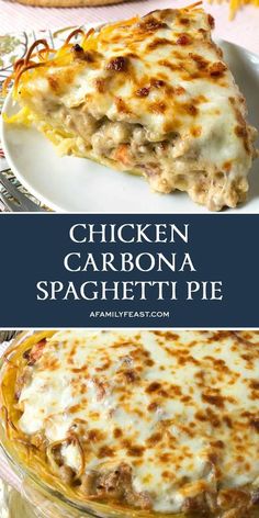 chicken carbona spaghetti pie on a white plate with the title in blue above it