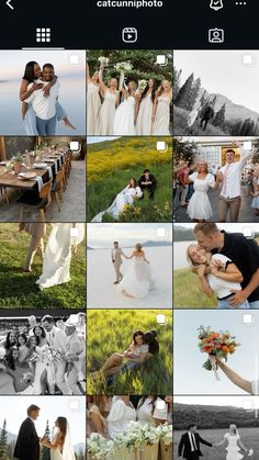 an iphone photo collage with many different pictures and people around it, including the bride and groom