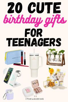 the words 20 cute birthday gifts for teenagers are in black and white with pink lettering