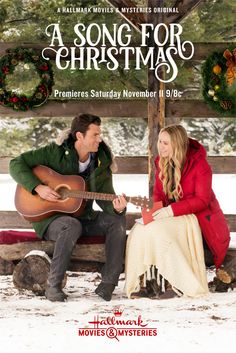 a song for christmas by becka tobin with an image of a man and woman sitting on a bench playing the guitar