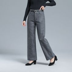 "DETAILS: * 30% wool, 70% polyester fiber * Polyester Lining * Two side pockets * Front hidden zipper closure+buttons * Straight leg pants * High waisted pants * Wide leg pants * Perfect for Winter, autumn * Dry clean *The model is 170cm (5' 7\") tall with 85 cm(33.4\") bust and 67 cm(26.7\")waist. She is wearing the dark gray wool pants in size XS. Choose CUSTOM Order if you * Can't find your size in our size Chart * Chang the Length * Your Height is not Between 5'1\" - 5\"9\" * Your weight is Wool Pants For Fall With Straight Leg, Wool Pants For Business Casual In Fall, Wool Bottoms For Business Casual In Fall, Fall Business Casual Wool Bottoms, Tailored Wool Wide Leg Pants With High Waist, Tailored Wool High Waist Wide Leg Pants, Tailored High Waist Wool Wide Leg Pants, Winter Office Pants In Solid Color, High-waisted Wool Pants For Fall