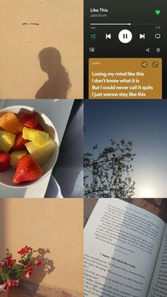 an open book sitting next to a bowl of fruit