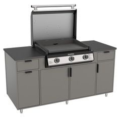 an outdoor bbq with two doors and drawers on the side, one door open