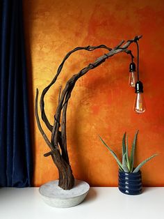 a tree branch lamp sitting on top of a table next to a potted plant